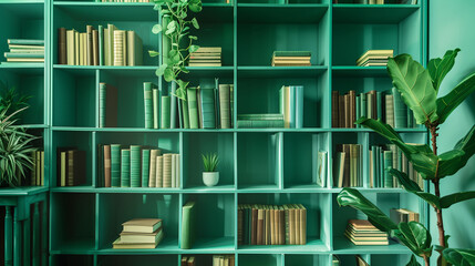 Mockup of bookshelf in front view, full of books and decorations in green color tone. Built-in bookshelves in modern style and pot plants.