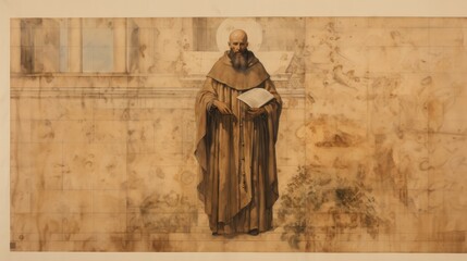Fototapeta premium The painting of St. Eusebius of Vercelli in Bishop's Robes in 4th-Century Italian City, Beige Background, Copyspace,Christian banner