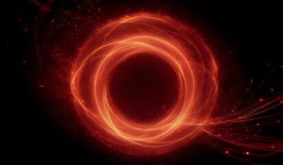 Obraz premium A ring of red neon energy waves on a dark background with magical sparks