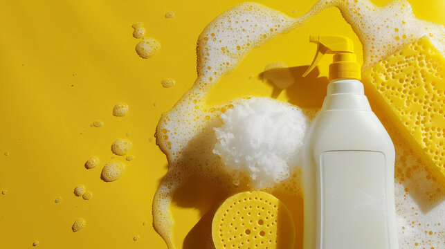 White dishwashing liquid bottle with yellow sponges and foam, slightly shadowed.