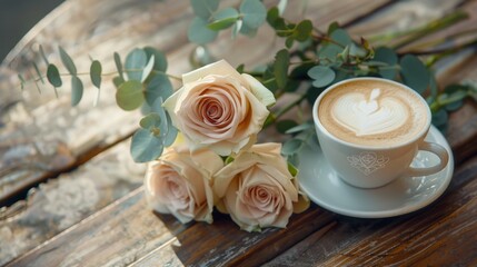 Bouquet of white roses with eucalyptus and cappuccino on a bench