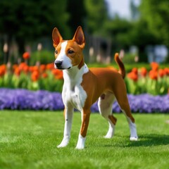 Basenji Stands on a green lawn against a background of flower beds