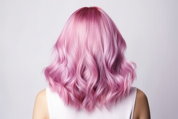 Fototapeta premium Beautiful young woman with long wavy pastel pink hair. Perfect hairstyle and hair coloring. Mermaid or unicorn color trendy hair. Beauty and fashion concept