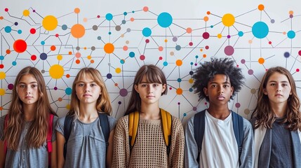 Diverse Group of Students Standing Against Colorful Network Background