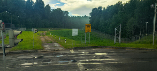 Bus crossing the border between Lithuania and Belarus at Kamenny Log