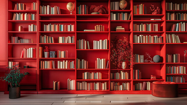 Mockup of bookshelf in front view, full of books and decorations in vivid red color tone. Built-in bookshelves in modern style, with sofa, window and natural light.