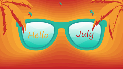 Abstract colorful summer background with Hello July text, vector illustration