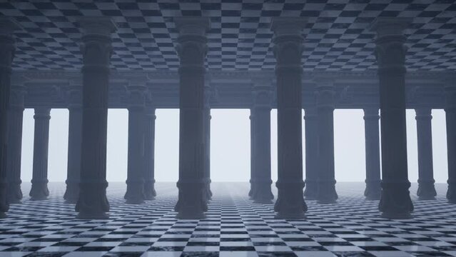 Architectural columns in the fog between the checkerboard floor and the checkerboard ceiling