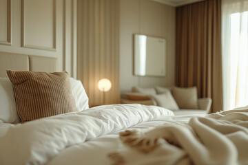 Hotel room modern interior, luxury apartment with elegant decor, comfortable furniture in a cosy setting.