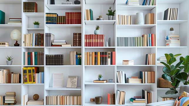 Mockup of bookshelf in front view, full of books and decorations in white color tone. Built-in bookshelves in modern style, with plants and natural light.