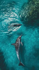 Aerial Drone View of a Dolphin Swimming in Turquoise Waters Near an Island