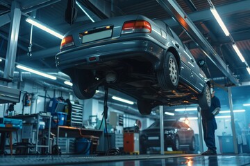 Mechanic Inspecting Car Undercarriage on Hydraulic Lift in Auto Service Center for Maintenance