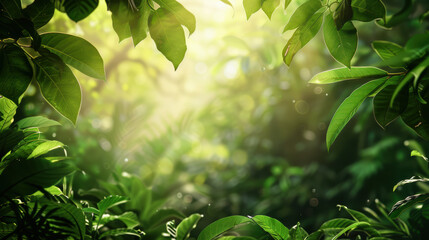 Sunlight filtering through lush green leaves in a tropical jungle, creating a serene and vibrant natural scene filled with greenery and tranquility.