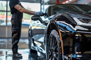 Naklejka premium Hand Drying a Shiny Black Sports Car with Microfiber Cloth in a Professional Car Wash