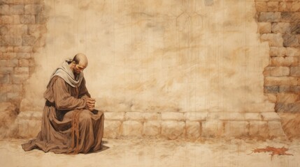 The painting of St. Giles in Prayer in 7th-Century French Monastery, Beige Background, Copyspace,Christian banner