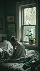 A woman is sitting on a bed with her head in her hands. She is wearing a gray blanket and has a potted plant in front of her. The room is dimly lit, and the woman is in a state of distress