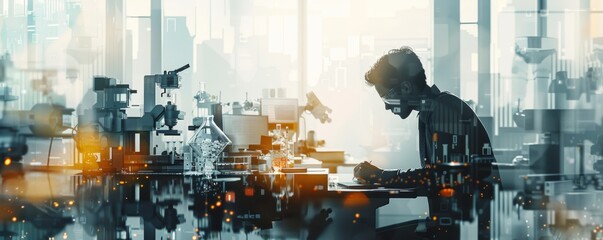 A man is sitting at a desk in a lab with a computer and a keyboard. He is writing on a piece of paper