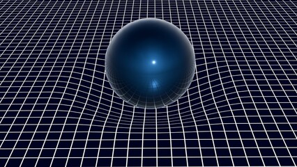 3D illustration of a sphere warping the space around it, with grid lines depicting the distortion of spacetime caused by gravity.