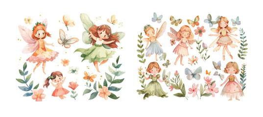 A watercolor illustration set of a flower fairy and a butterfly