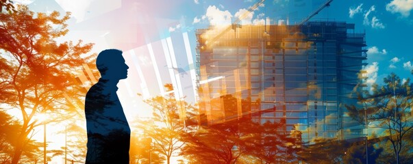 A man is standing in front of a building with trees in the background. The image has a sense of solitude and contemplation, as the man is alone in the scene