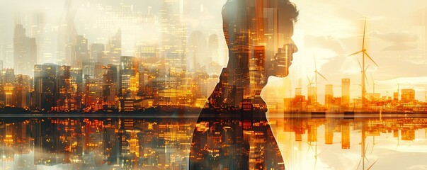 A man is standing in front of a city skyline with a windmill in the background. The image is a silhouette of the man and the city, with the cityscape reflecting in the water