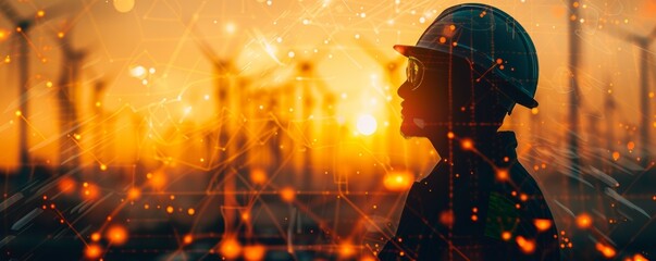 A man in a hard hat is looking out over a field of wind turbines. The image is a representation of the energy industry and the importance of renewable energy sources