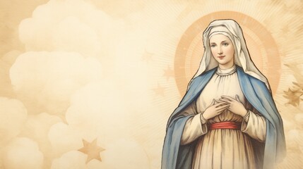 The painting of St. Catherine Labouré with Miraculous Medal in 19th-Century France, Beige Background, Copyspace,Christian banner
