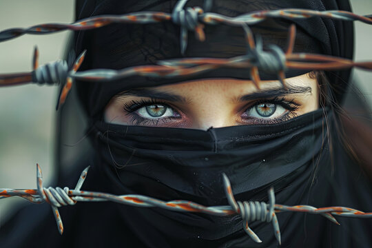 Powerful image of a masked woman grasping barbed wire, representing the concept of standing against oppression, fighting for freedom, and challenging tyranny
