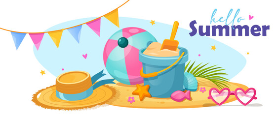 Summer banner with kids beaches toys, inflatable pool ball, summer hat, garland and sunglasses.
