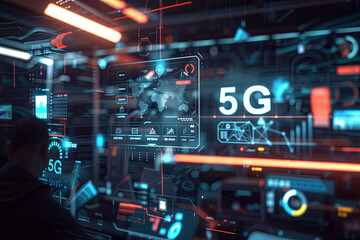Visual representation of artificial intelligence and machine learning, with data mining technology displayed on a virtual screen, accompanied by the text "5G"