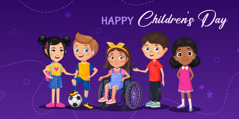 Happy Childrens Day celebration poster with funny comand kids different special needs and features.
