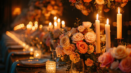 Luxurious wedding banquet hall with elegant props and candlelight decorations