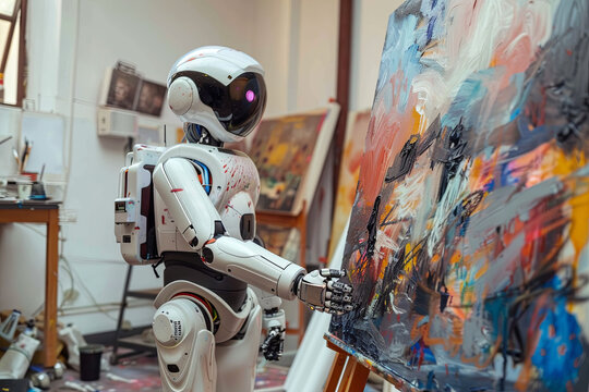 Humanoid robot artist creating a painting on a canvas in an art studio, showcasing the integration of AI and creativity