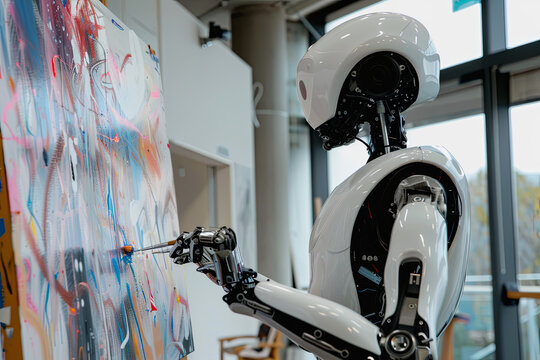 Humanoid robot artist creating a painting on a canvas in an art studio, showcasing the integration of AI and creativity