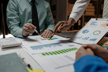 business meeting of these head of department in the boardroom, business people is brainstorming to find the proper way to increase company income, presentation and planning