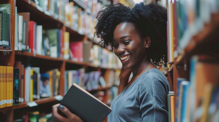 Close up of a happy and excited African American black woman is reading a book beside a bookshelf on a blurred library background.