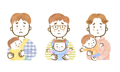 Fototapeta premium 困った顔で子供を抱っこしている父親の上半身イラストセット