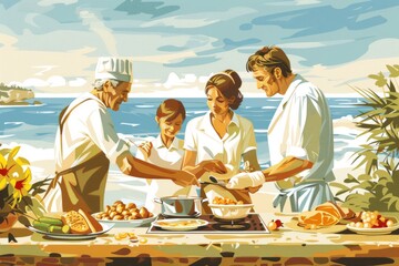 A family is cooking together on a beach. The man is wearing an apron and the woman is wearing a...