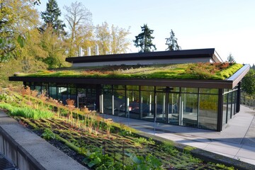Commercial Building with Green Roof and Integrated Rainwater Management in Eco-Friendly Landscape Design