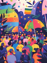 A colorful crowd of people are gathered under umbrellas, with a rainbow flag in the background