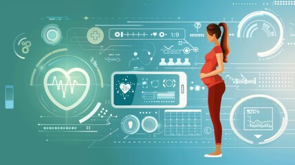 A woman is standing in front of a computer screen that shows a pregnancy monitor. The monitor displays the baby's heartbeat and other vital signs. The woman is focused on the monitor