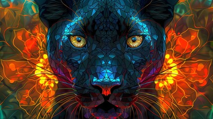 Intricate stained-glass depiction of a panther's face, set against a vivid, fiery background, showcasing bold artistry and vivid colors.

