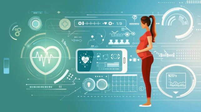 A woman is standing in front of a computer screen that shows a pregnancy monitor. The monitor displays the baby's heartbeat and other vital signs. The woman is focused on the monitor