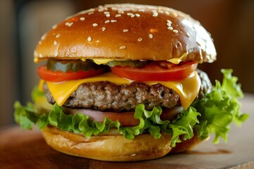 Close-Up Delicious Classic American Burger With Cheddar Cheese, Lettuce, Tomato, And Pickles In Food Restaurant Interior, Burger Food Photography, Food Menu Style Photo Image