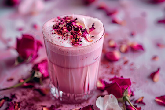 Trendy and romantic pink latte made with hibiscus tea, garnished with dried rose petals, perfect for a fashionable food or beverage advertisement