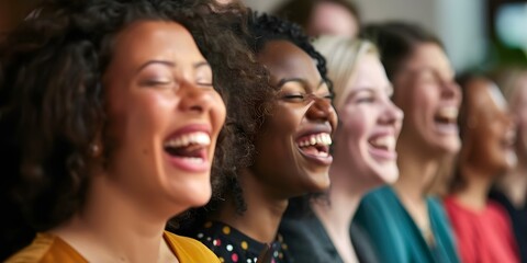 A diverse group of joyful women in a choir singing together indoors. Concept Joyful Singing, Women's Choir, Diverse Group, Indoor Performance, Musical Harmony