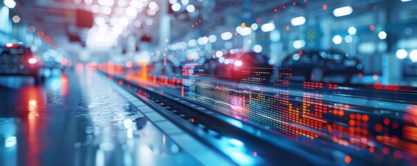 A blurry image of a city street with cars and a train. The image is a representation of the hustle and bustle of a busy city