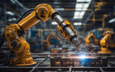 Robotic arm performing welding in an automated assembly line, sparks and mechanical parts in soft focus