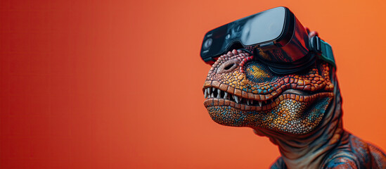 Banner with T-rex wearing VR glasses on the bright background with copy space, entertainment concept