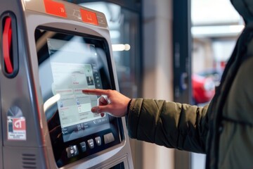 Urban Commuter Selecting Rental Car at Digital Kiosk in Modern City Setting